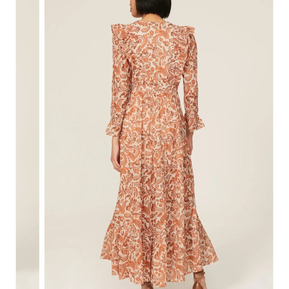 Maje Brown Floral Peasant Maxi Dress Size 0 Prairie Ruffle Designer Cottage $535 - Picture 2 of 13